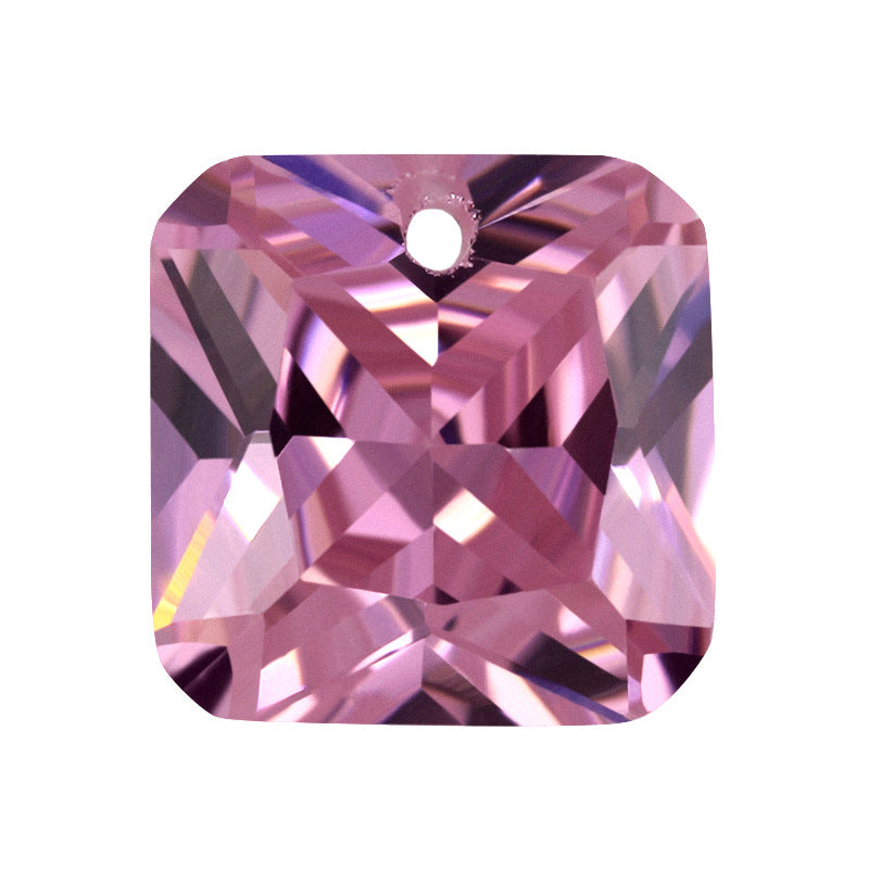 单孔正方倒角粉红色锆石裸石 边线中间孔人造宝石戒面