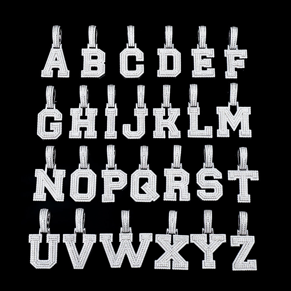 跨境欧美新款满莫桑石字母项链26英文字吊坠嘻哈潮流饰品批发