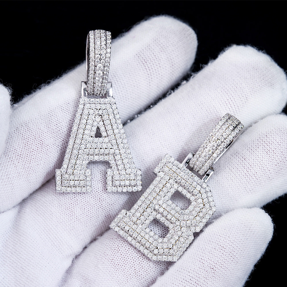 跨境欧美新款满莫桑石字母项链26英文字吊坠嘻哈潮流饰品批发