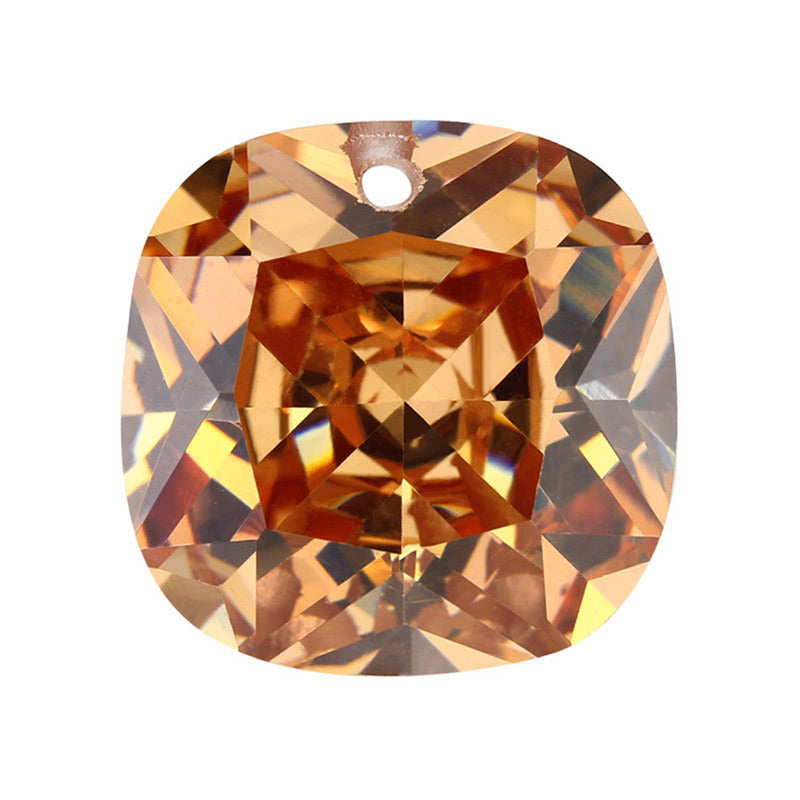 中间单孔香槟色肥正方形锆石裸石 枕形戒面串珠首饰DIY