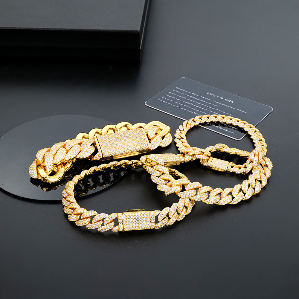 跨境欧美饰品满镶莫桑石手链男士轻奢高级感古巴链粗嘻哈小众痞帅