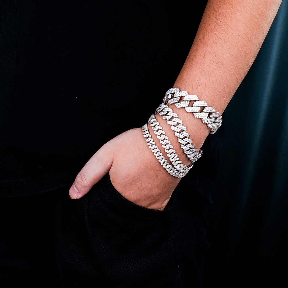 跨境欧美嘻哈镀金古巴手链10mm粗款莫桑石男高级感痞帅轻奢古巴链