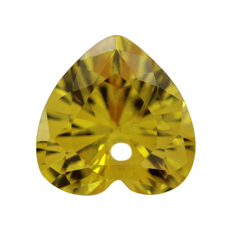 单孔桃心形金黄色锆石裸石 心形戒面尖底合成CZ宝石打孔