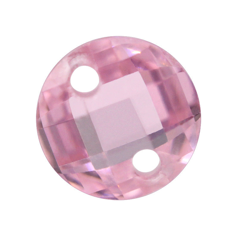双孔圆形粉红色双龟面锆石裸石 格子面人造合成宝石打孔