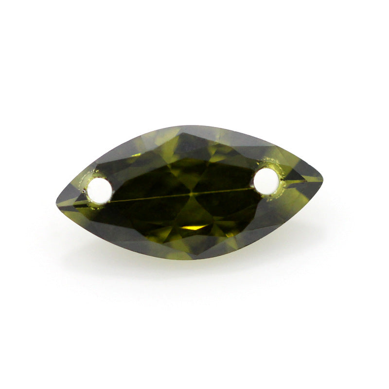 双孔马眼橄榄绿锆石戒面裸石 树叶形带孔人造CZ皓石宝石