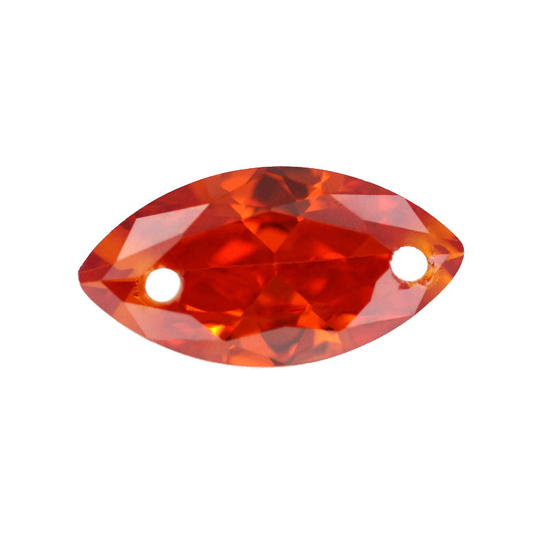 双孔马眼橘红色锆石戒面裸石 树叶形人造桔红色宝石带孔