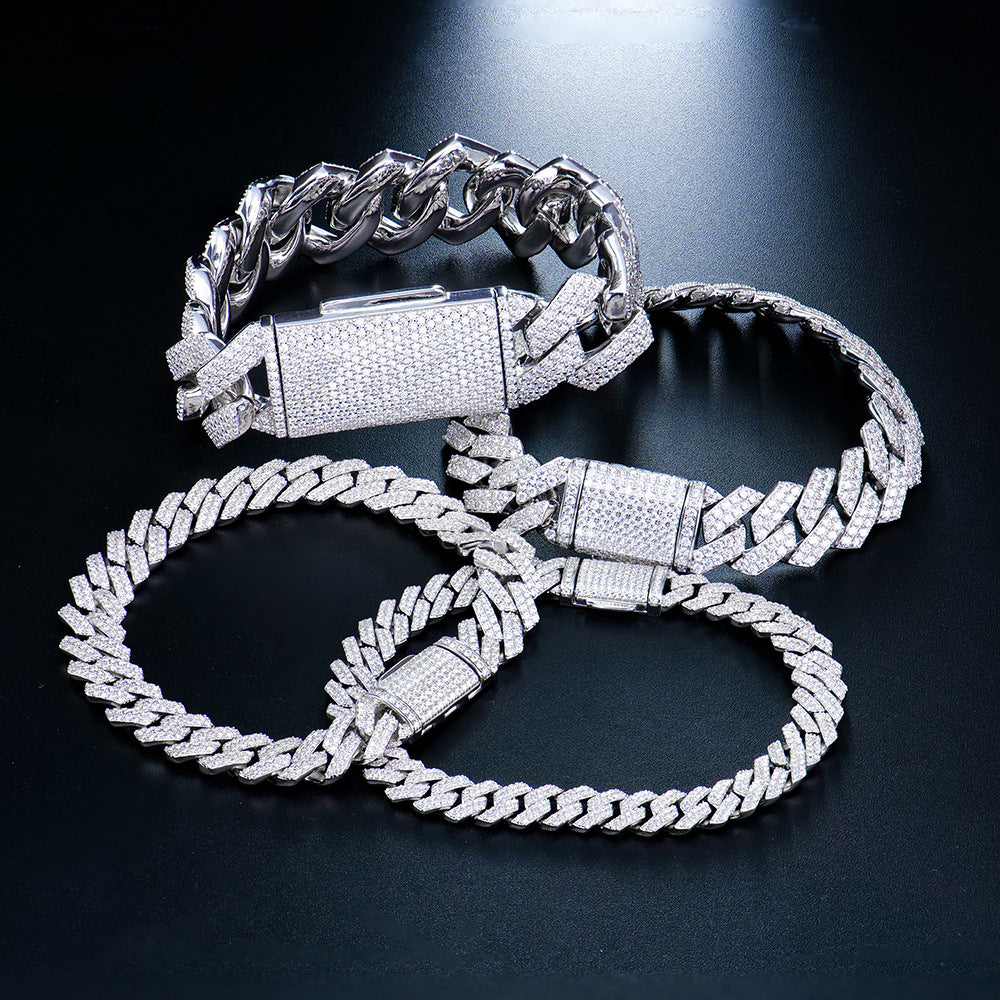 12mm跨境欧美嘻哈镀金古巴手链粗款莫桑石男高级感痞帅轻奢古巴链