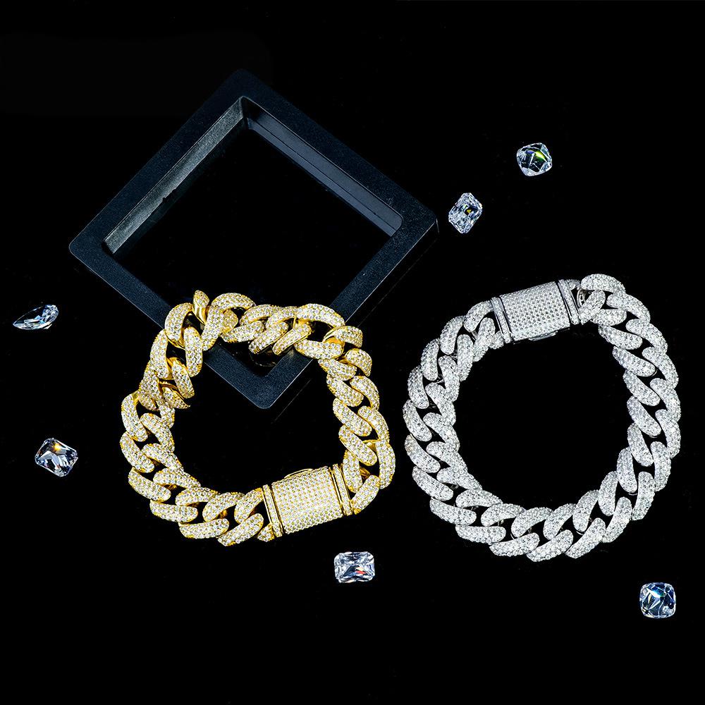 14mm跨境欧美嘻哈镀金手链粗款3排莫桑石男高级感痞帅轻奢古巴链