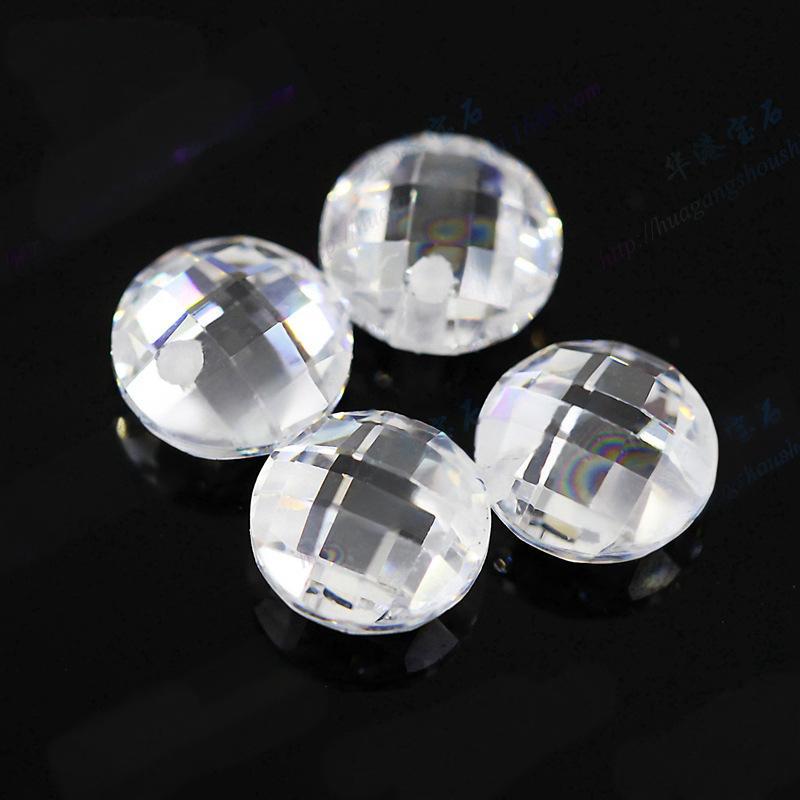 单孔圆形双龟面白色锆石 打孔格子面裸石耳环饰品钻批发