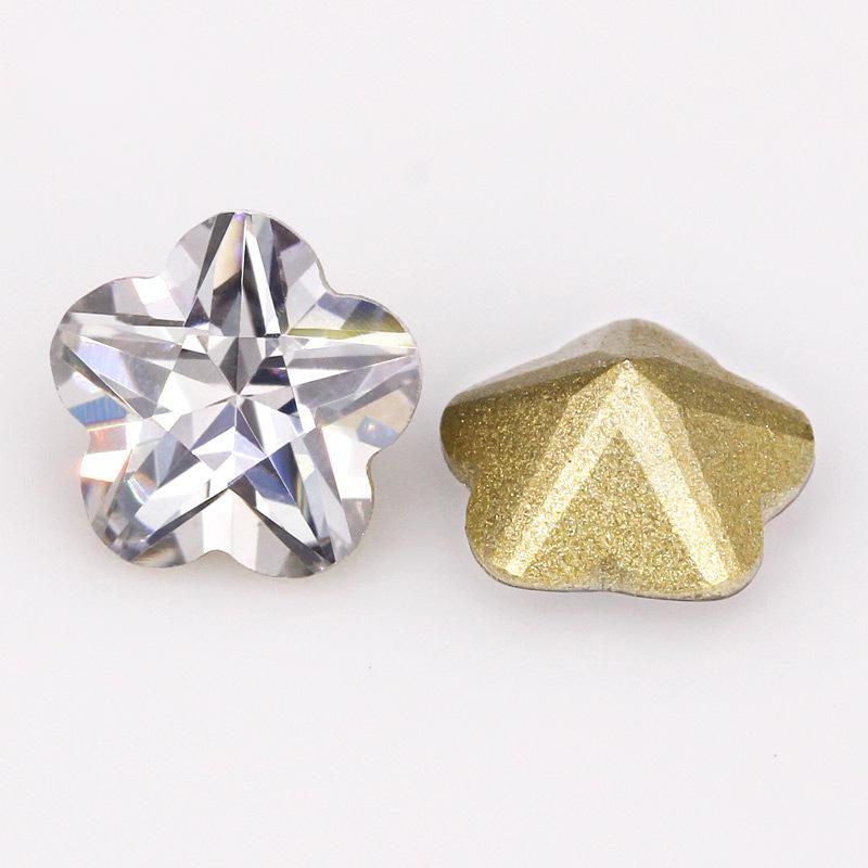 白色镀金黄底五角形梅花锆石裸石批发 合成人造cz钻皓石