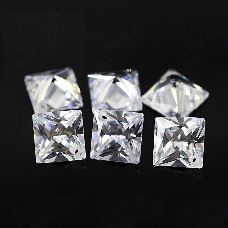 正方形直角白色锆石单孔裸石 公主方透明色宝石带孔打孔